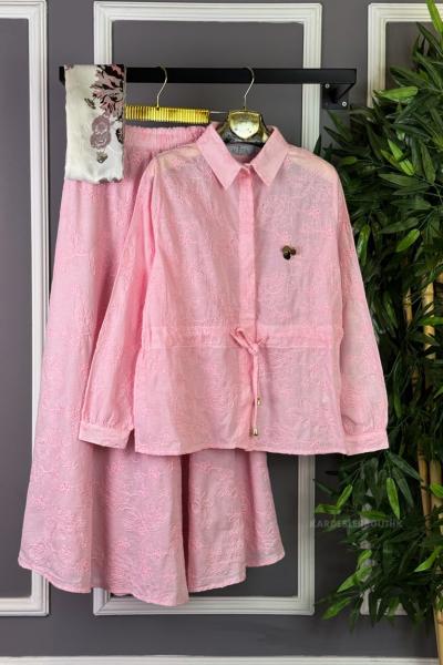 Nakış İşlemeli Etekli Takım Pembe