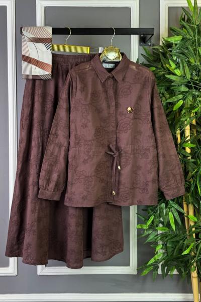 Nakış İşlemeli Etekli Takım Kahverengi