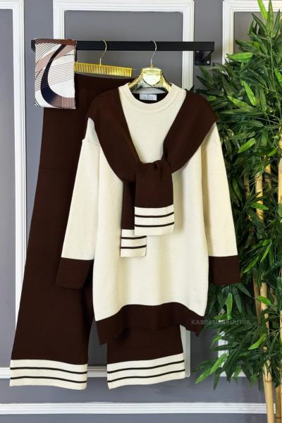 Atkılı Triko Takım Kahverengi