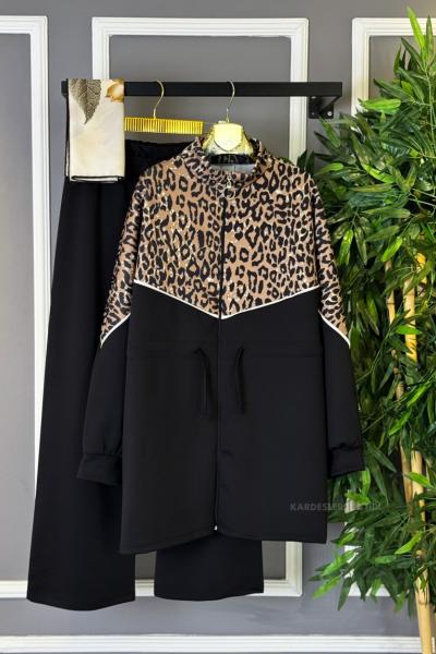 Belden Bağlamalı Leopar İkili Takım  Siyah Kahverengi