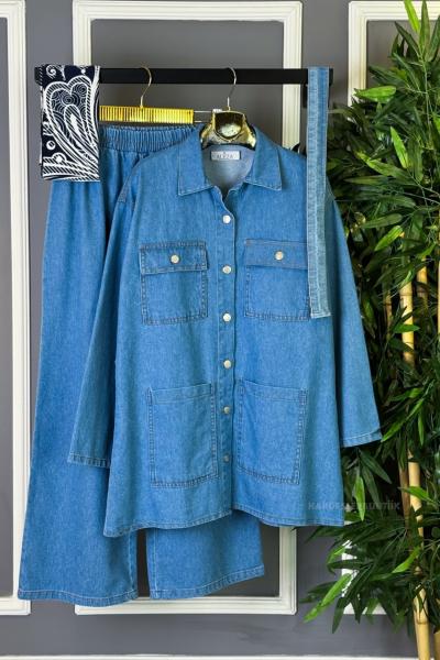 Beli Kemerli Cepli Kot İkili Takım Açık Mavi