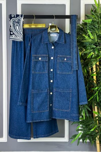 Beli Kemerli Cepli Kot İkili Takım Koyu Mavi