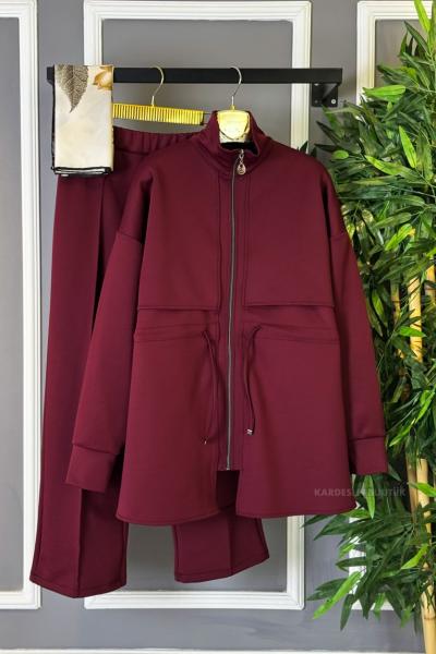 Beli Tünelli Fermuarlı İkili Takım  Bordo