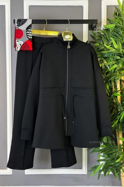 Beli Tünelli Fermuarlı İkili Takım  Siyah