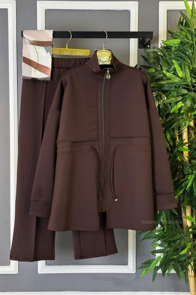 Beli Tünelli Fermuarlı İkili Takım  Kahverengi