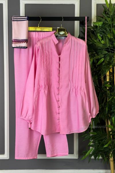 Brit Düğmeli İkili Takım Pembe