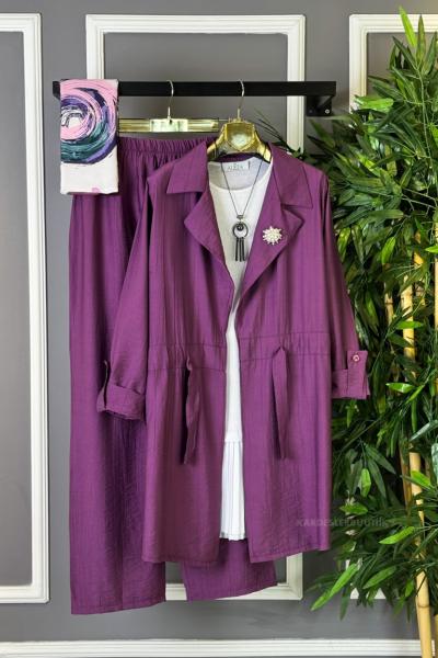 Broşlu Kimono İkili Takım Mor
