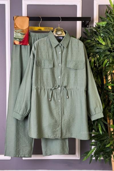 Cep Taş Detaylı İkili Takım Mint Yeşili