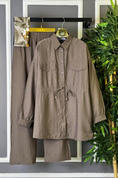 Cep Taş Detaylı İkili Takım Mocha