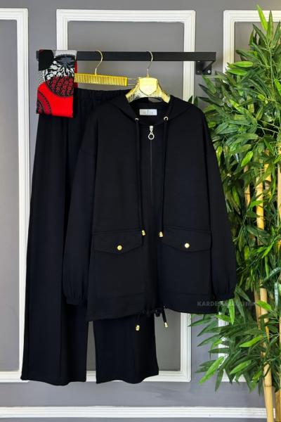 Çift Cepli Fermuarlı İkili Takım Siyah