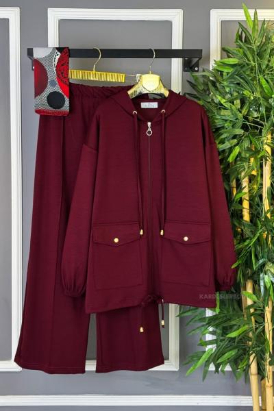 Çift Cepli Fermuarlı İkili Takım Bordo