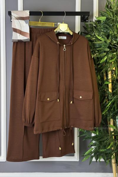 Çift Cepli Fermuarlı İkili Takım Kahverengi