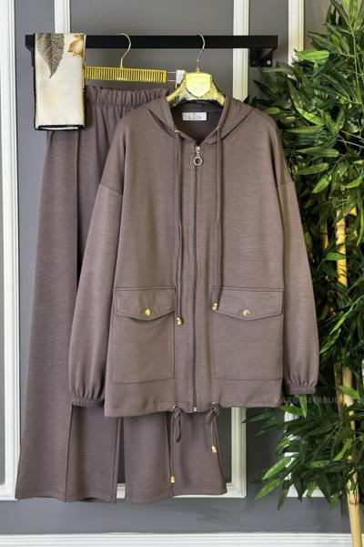 Çift Cepli Fermuarlı İkili Takım Mocha