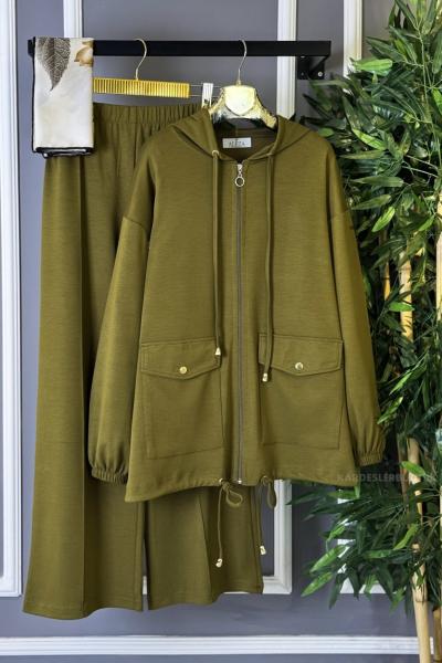 Çift Cepli Fermuarlı İkili Takım Yağ Yeşili