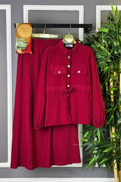 Çıtçıtlı Etekli Takım Bordo