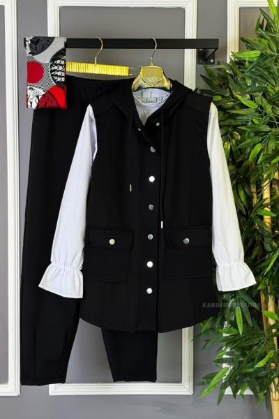 Çıtçıtlı Yelekli Takım Siyah