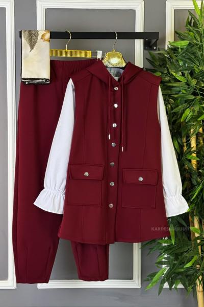 Çıtçıtlı Yelekli Takım Bordo