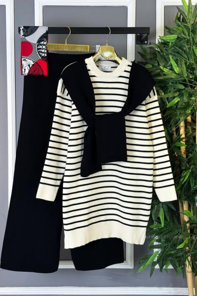 Çizgili Atkılı Triko Takım Siyah