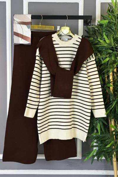 Çizgili Atkılı Triko Takım Kahverengi