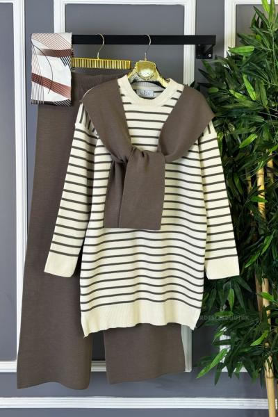 Çizgili Atkılı Triko Takım Mocha