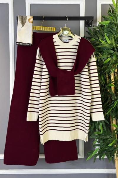 Çizgili Atkılı Triko Takım Bordo