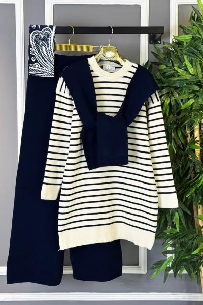 Çizgili Atkılı Triko Takım Lacivert