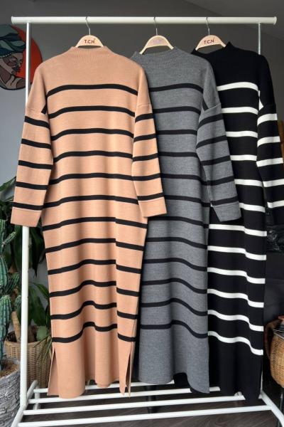 Çizgili Triko Elbise Vizon