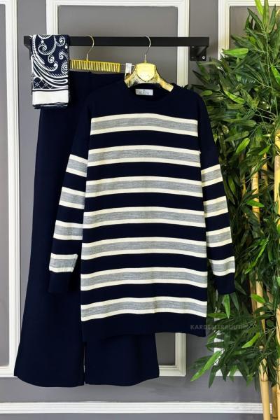 Çizgili Triko Takım Gri Lacivert