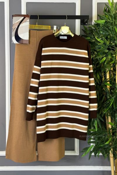 Çizgili Triko Takım Vizon