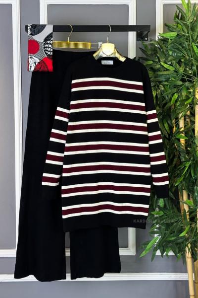 Çizgili Triko Takım Siyah