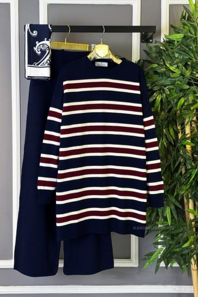 Çizgili Triko Takım Lacivert Bordo