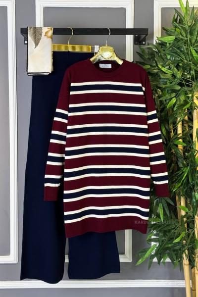 Çizgili Triko Takım Bordo