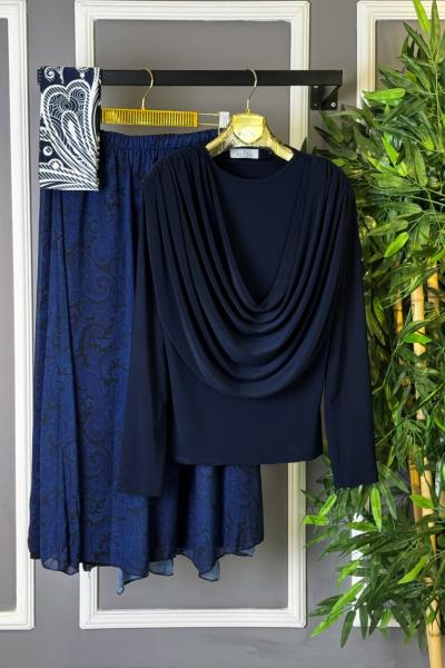 Degaje Yaka Desenli Etekli Takım Lacivert