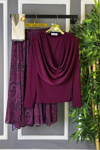 Degaje Yaka Desenli Etekli Takım Mürdüm