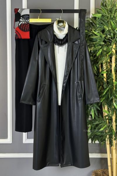 Deri Trençkot Siyah