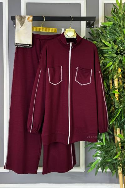 Dikiş Detaylı İkili Takım Bordo