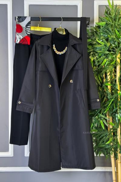 Düğmeli Trençkot  Siyah