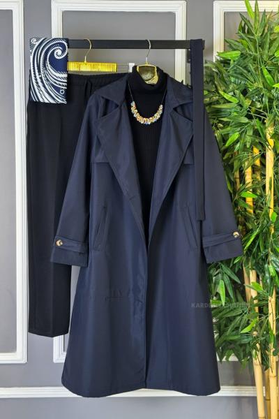 Düğmeli Trençkot  Lacivert