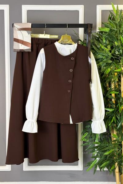 Düğmeli Kemerli Takım Kahverengi