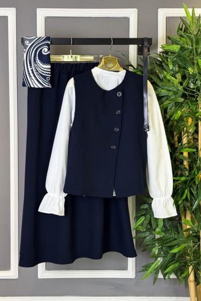 Düğmeli Kemerli Takım Lacivert