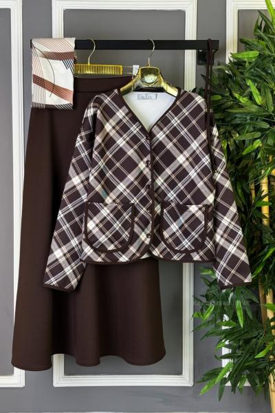 Ekose Desenli Etekli Takım Kahverengi