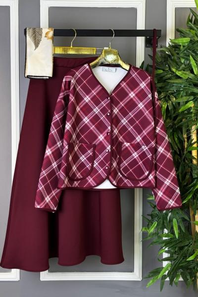 Ekose Desenli Etekli Takım Bordo