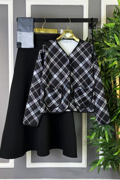 Ekose Desenli Etekli Takım Siyah