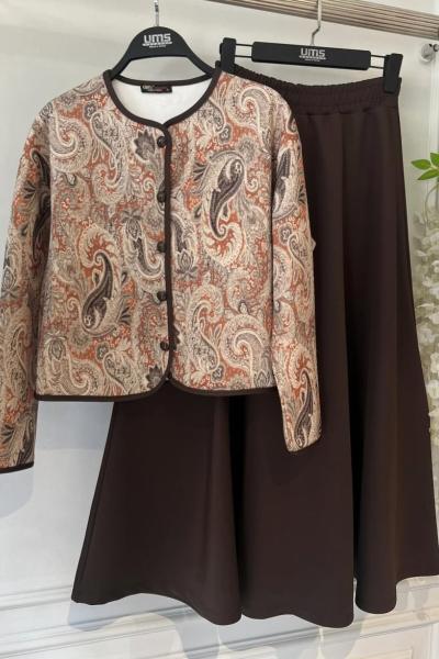 Etnik Desenli Etekli Takım Kahverengi