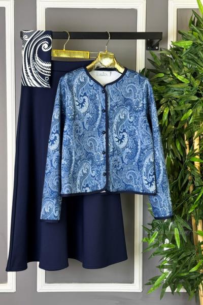 Etnik Desenli Etekli Takım Lacivert