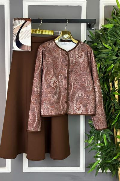 Etnik Desenli Etekli Takım Kahverengi