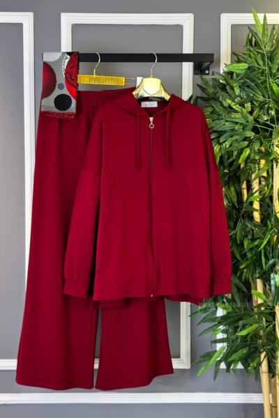 Fermuarlı Basic İkili Takım Bordo