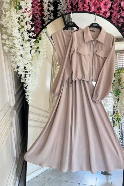 Fermuarlı Ceketli Elbise İkili Takım Bej