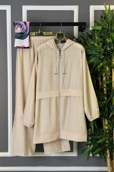 Fermuarlı Zincirli İkili Takım Taş Rengi