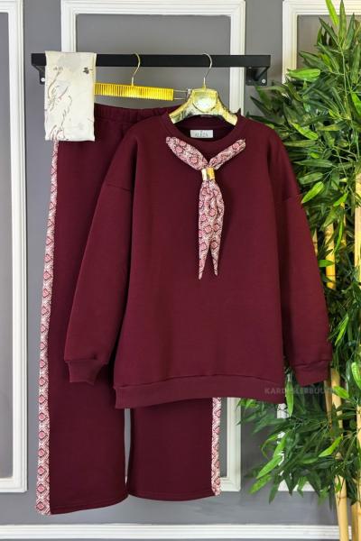 Fular Detaylı İkili Takım Bordo